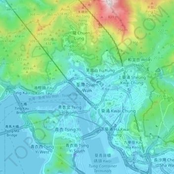 Topografische kaart Tsuen Wan, hoogte, reliëf