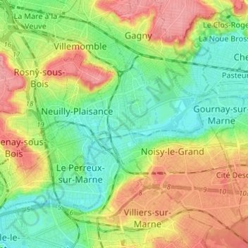 Topografische kaart Neuilly-sur-Marne, hoogte, reliëf