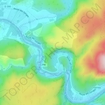 Topografische kaart Grotte Chauvet, hoogte, reliëf