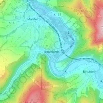 Topografische kaart Beiseförth, hoogte, reliëf