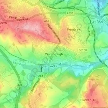 Topografische kaart Worsbrough, hoogte, reliëf