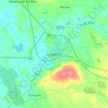 Topografische kaart Longford, hoogte, reliëf