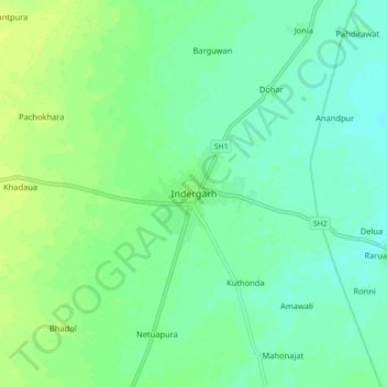 Topografische kaart Indergarh, hoogte, reliëf