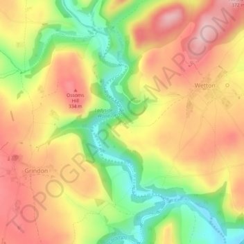 Topografische kaart Thor's Cave, hoogte, reliëf