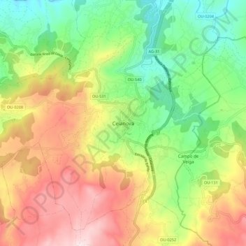Topografische kaart Celanova, hoogte, reliëf