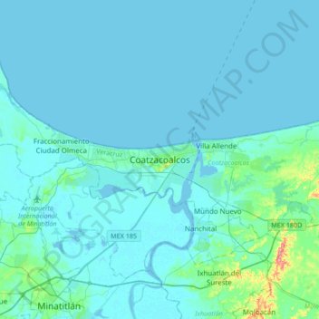 Topografische kaart Coatzacoalcos, hoogte, reliëf