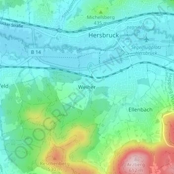 Topografische kaart Weiher, hoogte, reliëf