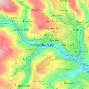 Topografische kaart Sowerby Bridge, hoogte, reliëf