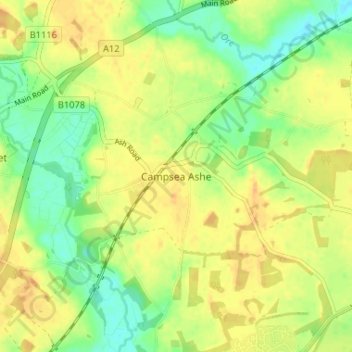 Topografische kaart Campsea Ashe, hoogte, reliëf