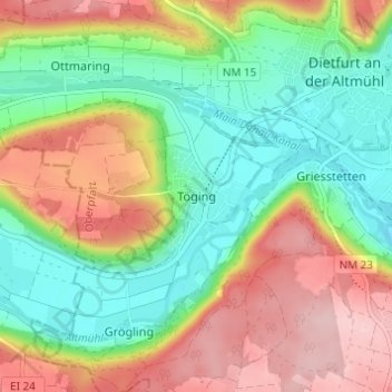 Topografische kaart Töging, hoogte, reliëf