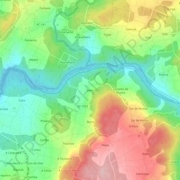 Topografische kaart Sieiro, hoogte, reliëf