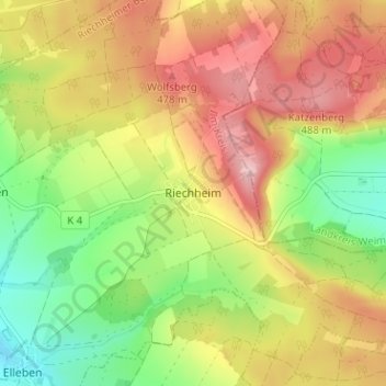 Topografische kaart Riechheim, hoogte, reliëf