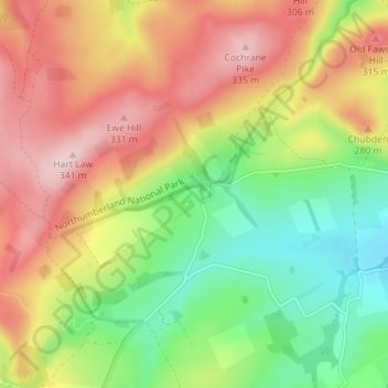 Topografische kaart Prendwick, hoogte, reliëf