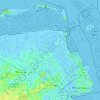 Topografische kaart Wangerland, hoogte, reliëf