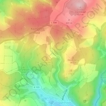 Topografische kaart Derbach, hoogte, reliëf