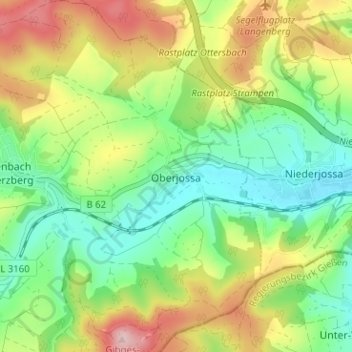 Topografische kaart Oberjossa, hoogte, reliëf
