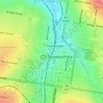 Topografische kaart Toowoomba City, hoogte, reliëf
