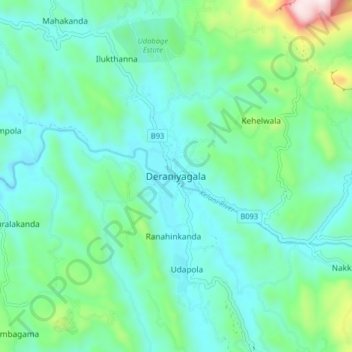 Topografische kaart Deraniyagala, hoogte, reliëf
