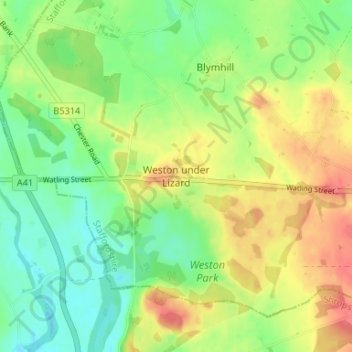 Topografische kaart Weston under Lizard, hoogte, reliëf