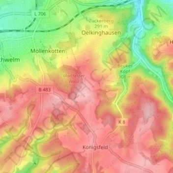 Topografische kaart Oberthüngen, hoogte, reliëf