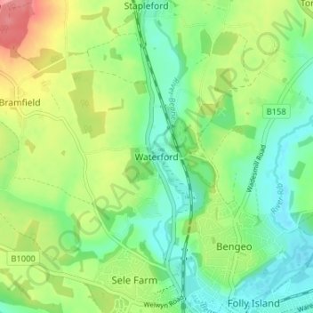 Topografische kaart Waterford, hoogte, reliëf