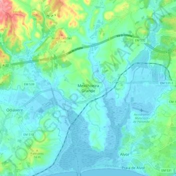 Topografische kaart Mexilhoeira Grande, hoogte, reliëf