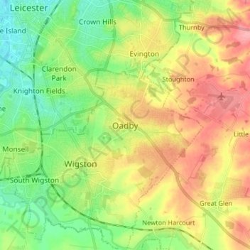 Topografische kaart Oadby, hoogte, reliëf