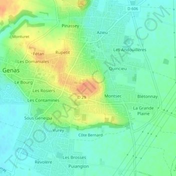 Topografische kaart Fort de Genas, hoogte, reliëf