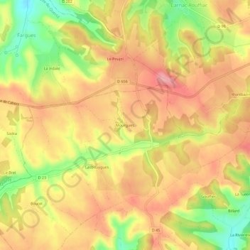 Topografische kaart Mourgues, hoogte, reliëf