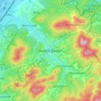 Topografische kaart Baden-Baden, hoogte, reliëf
