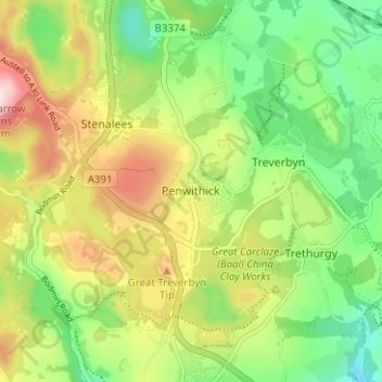 Topografische kaart Penwithick, hoogte, reliëf