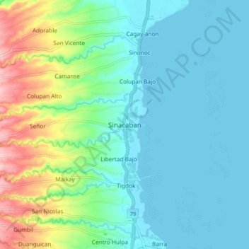 Topografische kaart Sinacaban, hoogte, reliëf
