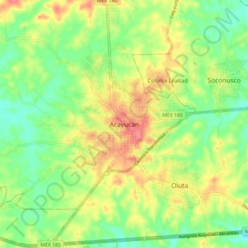Topografische kaart Acayucan, hoogte, reliëf