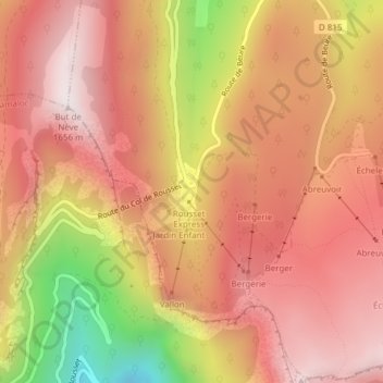 Topografische kaart Col de Rousset, hoogte, reliëf