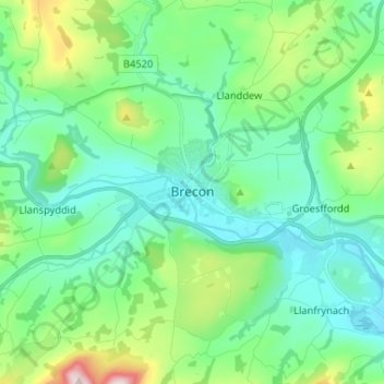 Topografische kaart Brecon, hoogte, reliëf
