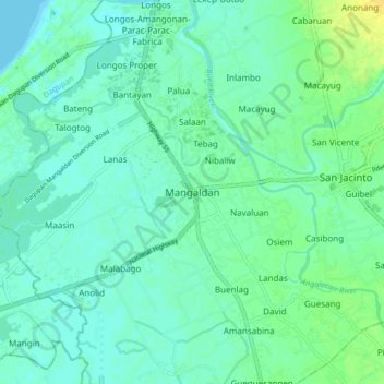 Topografische kaart Mangaldan, hoogte, reliëf