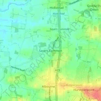 Topografische kaart Sayers Common, hoogte, reliëf