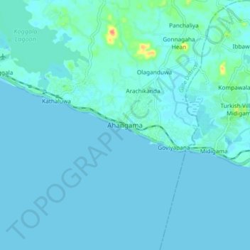 Topografische kaart Ahangama, hoogte, reliëf