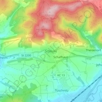 Topografische kaart Schmölz, hoogte, reliëf