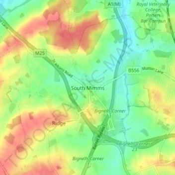 Topografische kaart South Mimms, hoogte, reliëf
