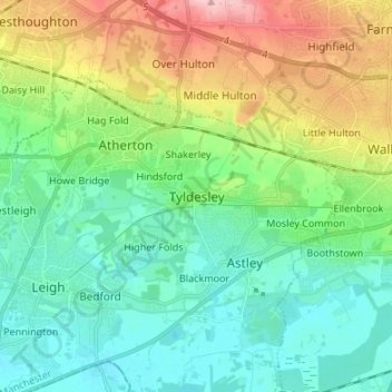 Topografische kaart Tyldesley, hoogte, reliëf