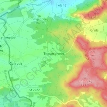 Topografische kaart Theuerbronn, hoogte, reliëf