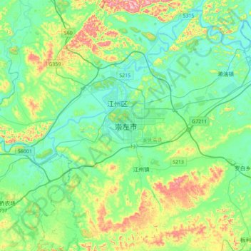 Topografische kaart Chongzuo, hoogte, reliëf