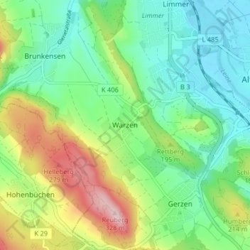 Topografische kaart Warzen, hoogte, reliëf