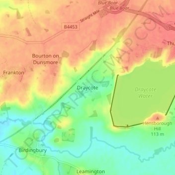 Topografische kaart Draycote, hoogte, reliëf