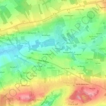 Topografische kaart Pennarun, hoogte, reliëf