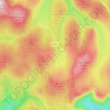 Topografische kaart Tweedshaws, hoogte, reliëf