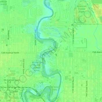 Topografische kaart Fargo 12th Avenue Dam, hoogte, reliëf