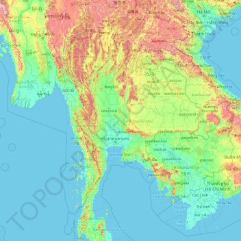 Topografische kaart Thailand, hoogte, reliëf