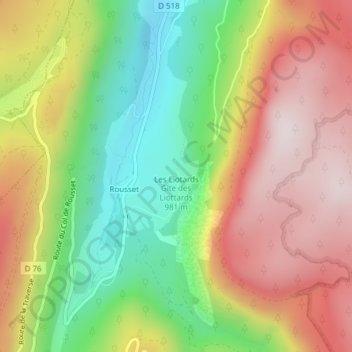 Topografische kaart Gîte des Liottards, hoogte, reliëf